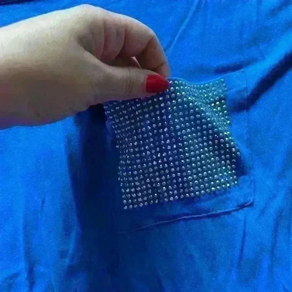 Armani Exchange Bright Blue White Neck T-Shirt with Rhinestone Pocket De… - Picture 2 of 6